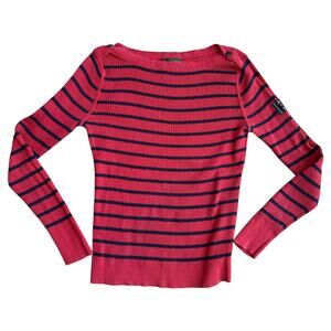 LRL Raplph Lauren Red Navy Stripe Boatneck Long Sleeve Rib Top Sweater Size M